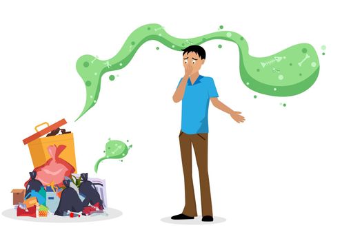 Young man annoyed by the smell of garbage from the community where people throw rubbish in an unconventional way No responsibility. flat style cartoon vector illustration