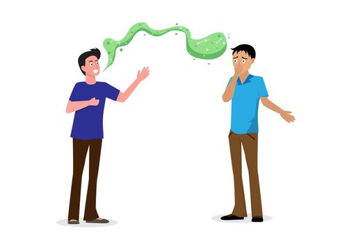 Young man covering his nose with his hand because his friend has bad breath. Very bad smell. Flat style cartoon vector illustration.