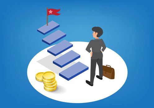 A businessman decides to walk up the stairs on the path to success. step by step business information graphics ideas The flag is the goal for success. flat style cartoon vector illustration
