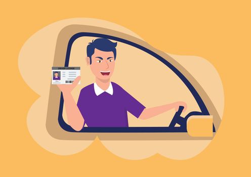 male character sitting in a new car The man took the driving test and got his driver's license. Driving school concept and learning to drive trendy flat vector illustration