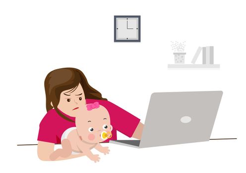 Concept illustration of working from home and raising children. cause laptop exhaustion Assemble vector in flat style.