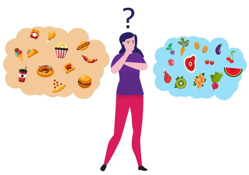 Woman choosing between healthy and unhealthy food. Character thinking over organic or junk snacks choice. Flat style cartoon illustration vector  
