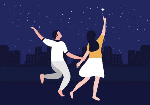 the joy of young people in the night of the big city with stars in the sky The girl pointed her finger at the stars that were shining brightly. Flat style cartoon illustration vector