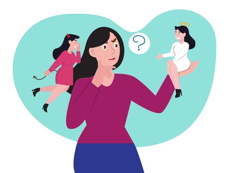 The female characters, listening to the angels and demons in their minds, compare individual human decisions. flat style cartoon vector illustration