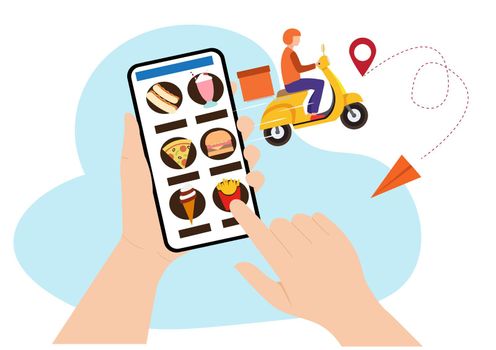 Mobile smartphone with food delivery app Order food online. modern creative data graphic design on the application Flat style cartoon illustration vector