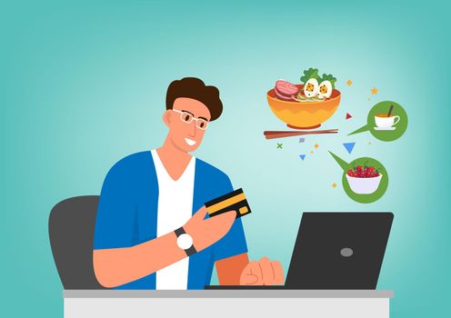 laptop with food delivery app order food online modern creative data graphic design in vector flat style cartoon illustration application