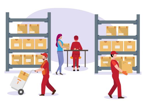 Storage boxes in warehouse logistics concept male employee receiving A young woman holding a box stands in contact with a female employee. Recorded in a logbook in the warehouse. flat style cartoon illustration vector
