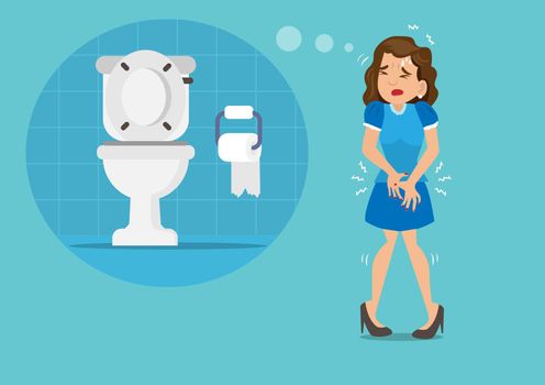 The woman had a stomachache, had to urinate and defecate, but the bathroom was far away. As a result, she suffers from diarrhea or constipation. Hygiene concept. flat style cartoon vector illustration