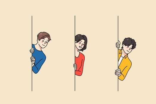 Diverse smiling people peek from corner get to know news. Happy men and women look out from wall spy for hidden information or secret data. Curiosity concept. Flat vector illustration.