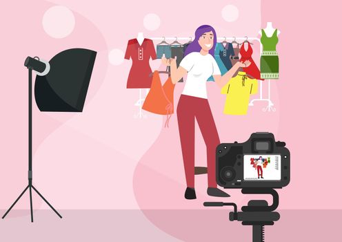 Young Girl Vlogger Takes a Clothing Recommendation Describe fashion and fabrics, Vlog, do reviews, record videos sitting in the room in professional lighting. flat style cartoon vector illustration