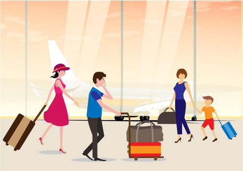 people with bags Depart and book a plane ticket through the airport. flat vector illustration