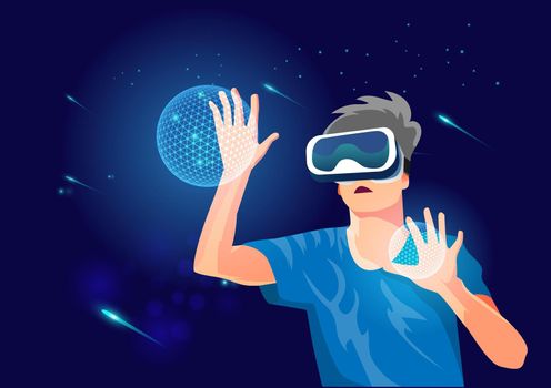 Young man wearing VR glasses with holographic touch finger Virtual panel in digital working background. flat style cartoon vector illustration
