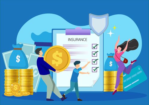happy family protecting money vector illustration isolated father holding silver coins Mother and son protect bank deposits. Financial Security and Business Insurance Concepts