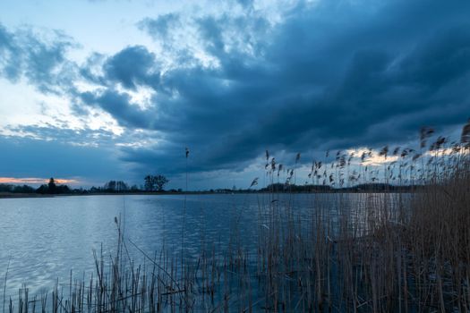 Dark cloud over the lake with reeds