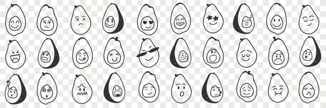 Funny avocado emoji doodle set
