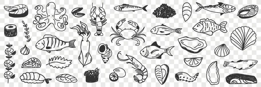 Seafood and fish doodle set