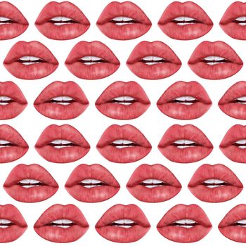 Illustration realism seamless pattern female lips of pink color on a white isolated background