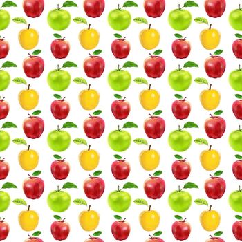 Illustration realism seamless pattern fruit apple of different colors on a white isolated background