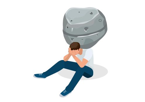 A person who is discouraged and despair is like carrying a heavy stone on his shoulders. caused by difficult problems.  Flat style cartoon illustration vector