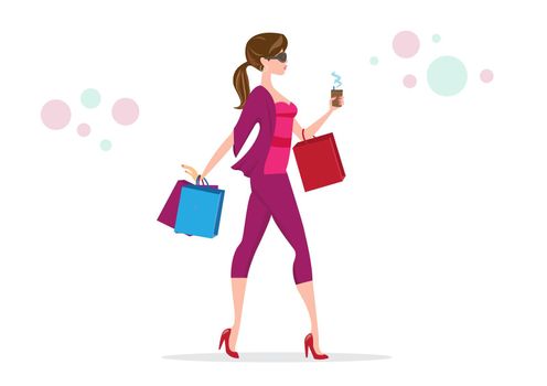 happy shopper, big sale, happy girl with shopping. Vector illustration of girl style cartoon.Shop online and buy gifts or gifts via mobile application. girl holding a bag  