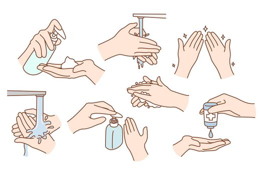 Set of person wash sanitize hands
