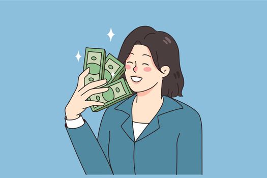 Smiling businesswoman hold dollar banknotes in hands