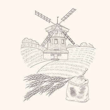 Windmill in the wheat field, ears of wheat, a bag of grain engraved sketch