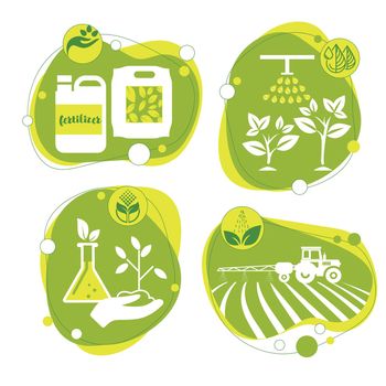 Fertilization, application of agricultural fertilizers, set of agricultural illustrations