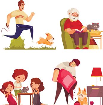 Pets growth stages set of isolated compositions with doodle characters of adults and children with animals vector illustration