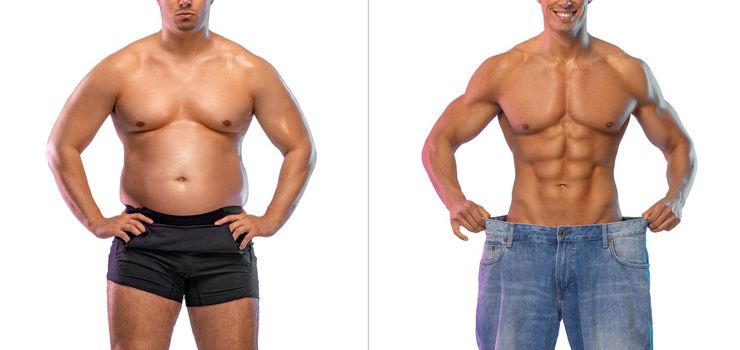 Before and After Weight Loss Fitness Transformation. Man was fat but became athletic. Fat to fit concept.