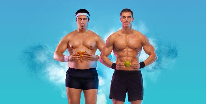 You are what you eat. Fat guy change a burger for an apple at an athlete. Awesome Before and After Weight Loss fitness Transformation. The man was fat but became athlet. Fat to fit concept.