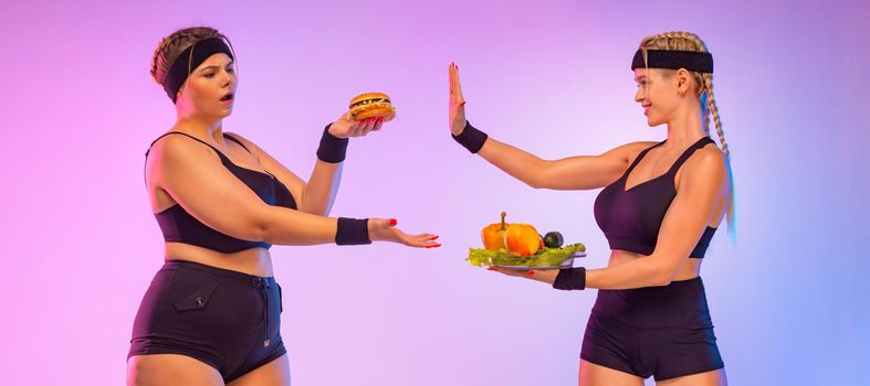 Fat Girl Size Plus Model Change Fast Food Burger On Proper Nutrition Of Vegetables. Vegans Health Food. Meat versus vegetables. Idea for a social media post on the topic of dietetics.