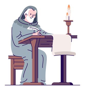 Monk copying manuscripts semi flat RGB color vector illustration