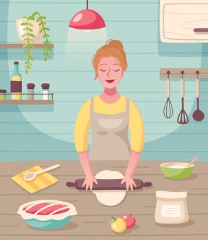 Cooking baking hobby flat cartoon composition with woman creating homemade sweets and treats desserts vector illustration