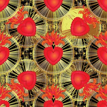Seamless pattern of sacred Heart of Jesus with rays. Vector illustration in red and gold isolated. Trendy Vintage style element. Spirituality, religion, Catholicism, Christianity