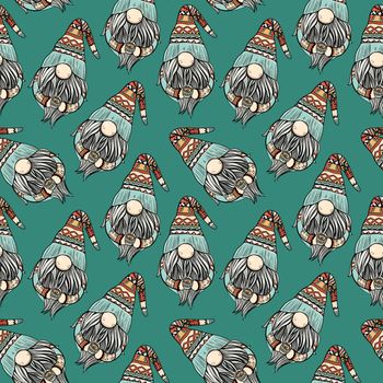 Seamless pattern illustration of a gnome with a beard in a hat. New year and christmas symbol on a green background.
