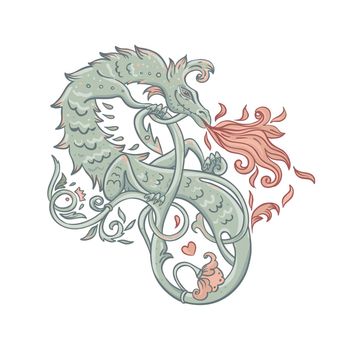 Mythological magic beast Basilisk, legendary bizarre creature. Decorative design. Dragon, burning flame. Vector illustration.
