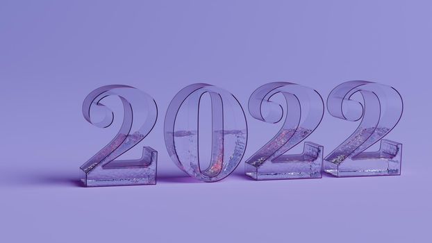 Transparent 2022 - digits are made of glass and filled with water. 3d illustration
