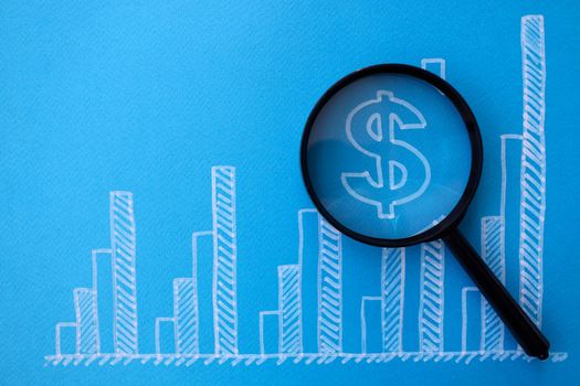 Business graph with dollar icon and lens blue background