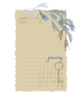 Planner note paper, to-do list, template, decorated with leaf imprint and vintage keys, lined, vector, calendar January 2022.