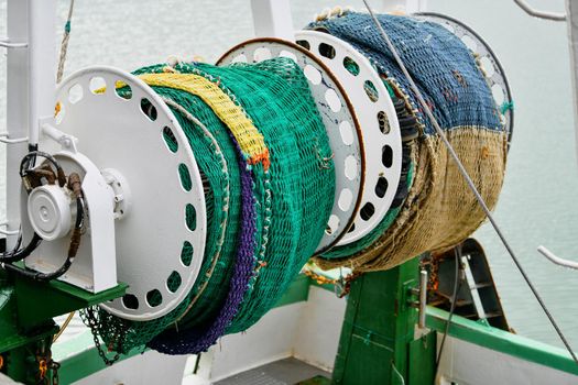 Closeup of the fishing nets on the fishboat