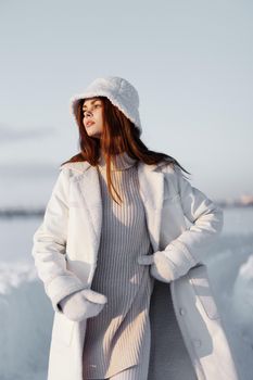 woman smile Winter mood walk white coat Lifestyle