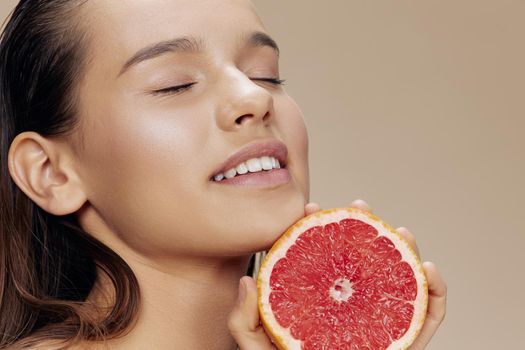 woman grapefruit vitamins health cosmetology isolated background