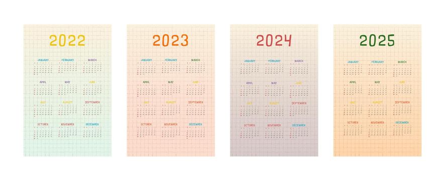 2022 2023 2024 2025 calendar with multicolor cute childish design