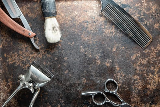 vintage barber tools dangerous razor hairdressing scissors old manual clipper metal comb shaving brush.