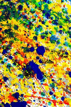 Bright background graphic image. dripping. expression. multicolored spill blemish. mixing colors. Phantom Blue black white red yellow. Vertical orientation. top view.