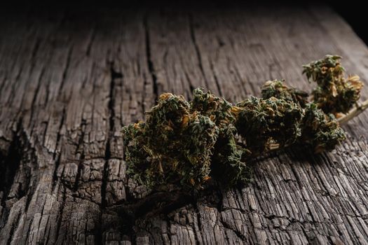 rustic medical cannabis bud on old wooden background. horizontal. close-up.