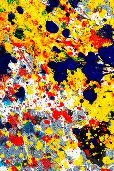 multicolored background graphic image. dripping. expression. color spill blemish. mixing colors. Phantom Blue black white red yellow. Vertical orientation. top view. flat lay.