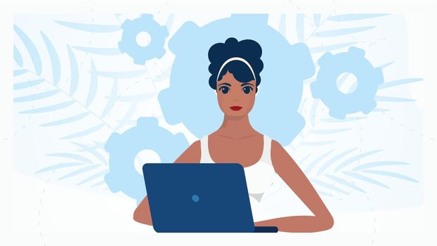 Woman with laptop Concept of work, education and shopping. Vector in cartoon style.