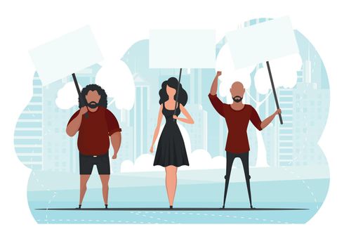 A group of people are protesting. Banner in blue tones. Cute illustration in flat style.
